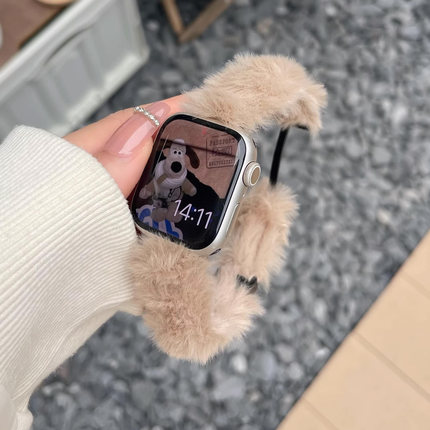 圣铂适用苹果iwatch手表表带applewatch手表带仿兔绒毛s9磁吸扣秋冬新款s8女士7/6/5/4代SE创意ultra高级可爱