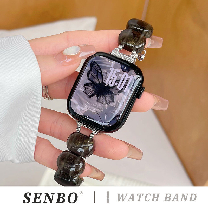 适用iwatch10苹果手表带新款s9天然石黑色表带ultra3弹力透气腕带s8夏季女款7/6/5/4/se代时尚男高级感替换带