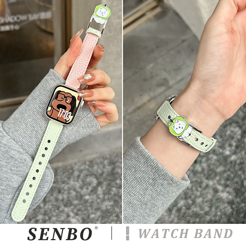 适用于s11苹果iwatch10手表带新款ultra3荔枝纹皮表带applewatch9/8/7/6可爱小狗se代秋冬42/46mm男女款腕带