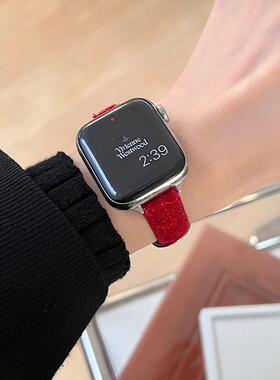 适用iwatchs10苹果手表表带细款毛呢applewatch9/8/7/6手表带S8代se红色真皮ultra秋冬7新款6小香风5女4高级