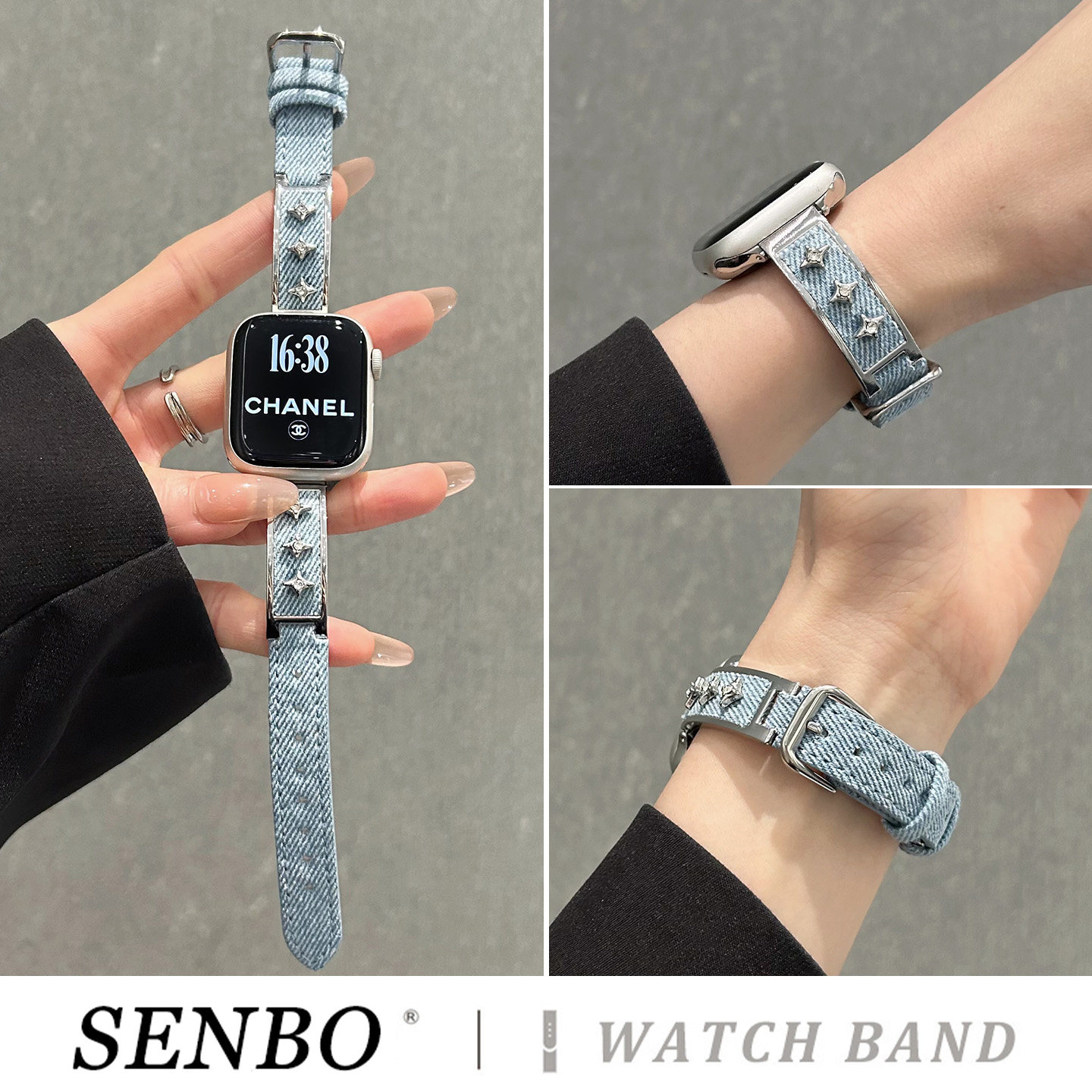 适用苹果iwatch11手表s10表带新款ultra3星星镶钻牛仔表带applewatch9/8/7/6智能手表se代夏季女款高级感腕带