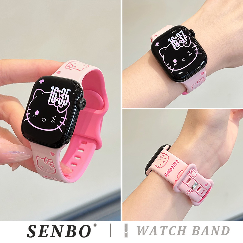 适用于iwatch11苹果s10手表带新款ultra3撞色kt猫applewatch9/8/7/6硅胶表带se代蝴蝶扣运动42/46mm女款腕带