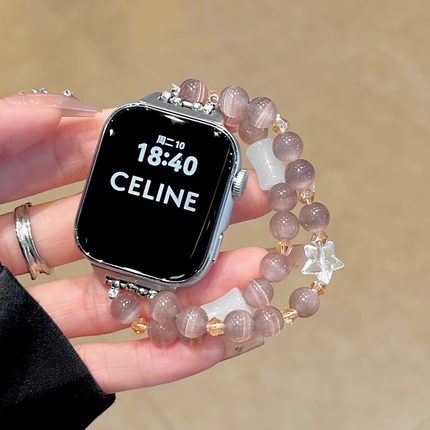 适用苹果iwatch10手表表带s9猫眼丁香紫表带s8新款弹力手链式腕带7/6/5/4/se代透气水晶女夏季时尚42mm高级感