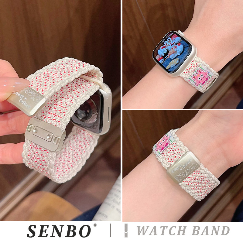 适用苹果iwatch10手表带新款s9多巴胺小怪兽s8编织尼龙7/6/5/4夏季透气运动腕带se代时尚高级感ultra可爱创意