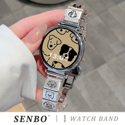 适用华为gt5手表表带gt4卡通方块金属表带watch5/4pro小狗猫咪watch3智能运动腕带gt3不锈钢男女高级感创意