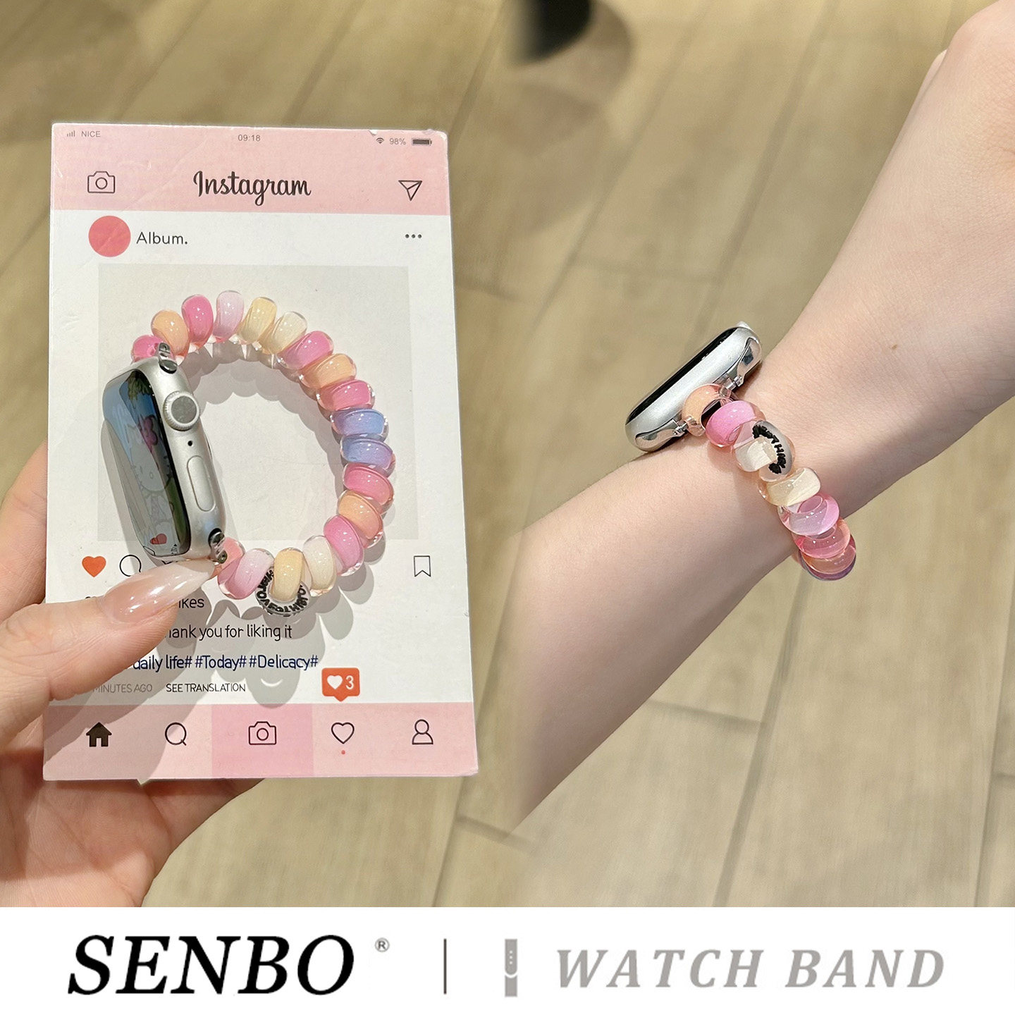 适用苹果s11手表iwatch10表带applewatch9新款夏季se代多巴胺电话s8/7/6弹力发圈表带ultra3智能运动透气腕带 - 实物图