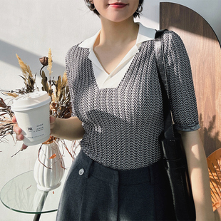 娓娓道来 针织衫 黑白人字纹肌理 五分袖 撞色翻领坑条 糖皮出品