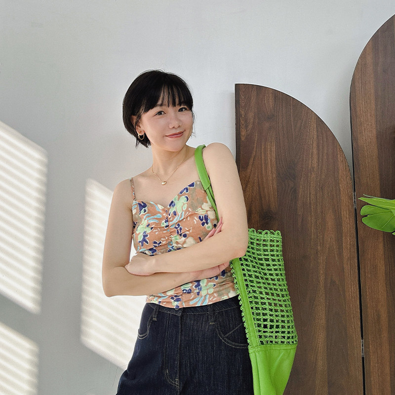 糖皮出品 写意晕染花色 前后抽褶 夏季清凉短款亚麻两穿吊带/抹胸