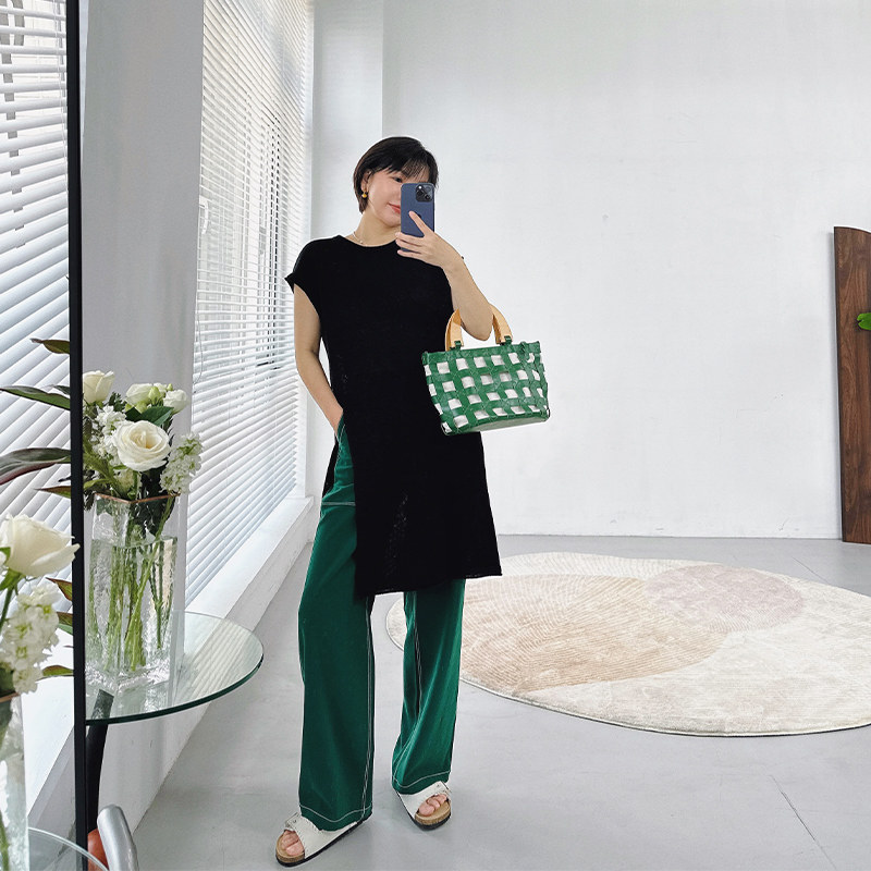 糖皮出品 窄众特别款 祖母绿撞色 夏季轻薄高腰宽松阔腿拖地裤,女装/女士精品,休闲裤,淘宝优惠券,粉丝福利购,淘宝优惠卷