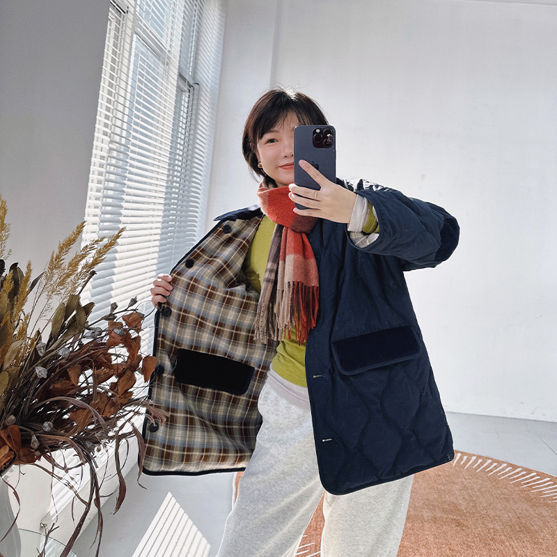 糖皮出品 冬日颂 正反两面穿 90%白鸭绒 冬季格子短款绗缝羽绒服