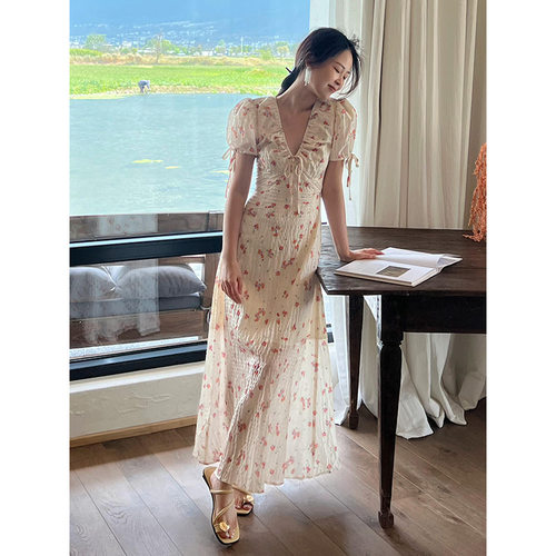 Yoomini韩版短袖碎花连衣裙女2023夏季新款修身高腰泡泡袖裙子
