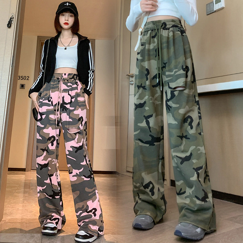 实拍迷彩破洞阔腿裤女高腰显瘦设计感秋款直筒垂感休闲运动长裤子