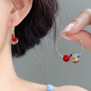复古港风彩球蚊香盘耳夹耳圈女无耳洞无痛耳环时尚多巴胺小众耳饰