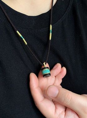 新中式绿松石黑檀木圆筒项链吊坠中长款棉麻绳子毛衣链男女配饰品