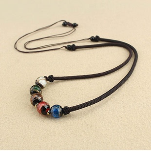 新中式香灰琉璃串珠圆珠项链长款复古民族风毛衣链女棉麻配饰挂件