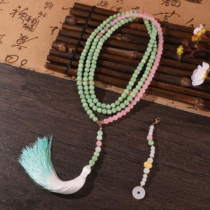 新中式复古粉绿色双色玻璃串珠佛珠斜挎项链长款女国风流苏毛衣链