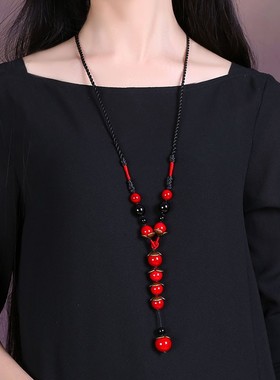 红色天然石串珠流苏毛衣链长款女