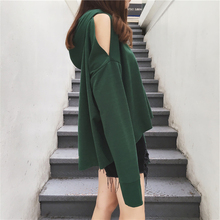 套头卫衣女 欧美宽松露肩背后开叉露背T恤上衣女显瘦连帽休闲长袖