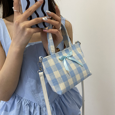 夏天帆布包包女式2024新款时尚可爱格子手提包百搭通勤单肩斜挎包