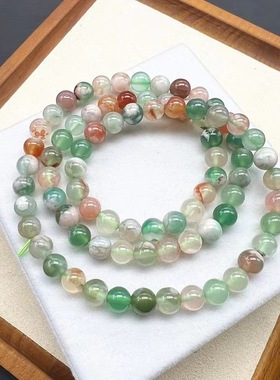 天然绿樱花玛瑙手链 冰种飘花玉髓单圈绿色水晶手串男女多圈