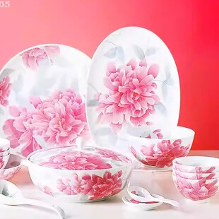 釉下手绘餐具套装牡丹花开富贵碗碟家用高档轻奢醴陵陶瓷碗盘乔迁