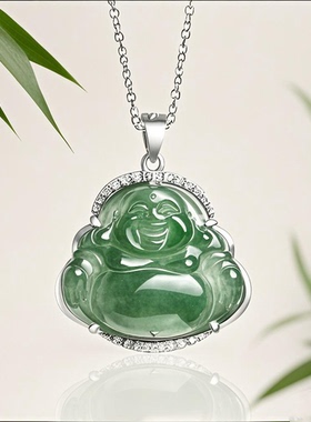 天然a货翡翠油青小佛公弥勒佛吊坠S925银镶冰糯种玉石挂件玉坠