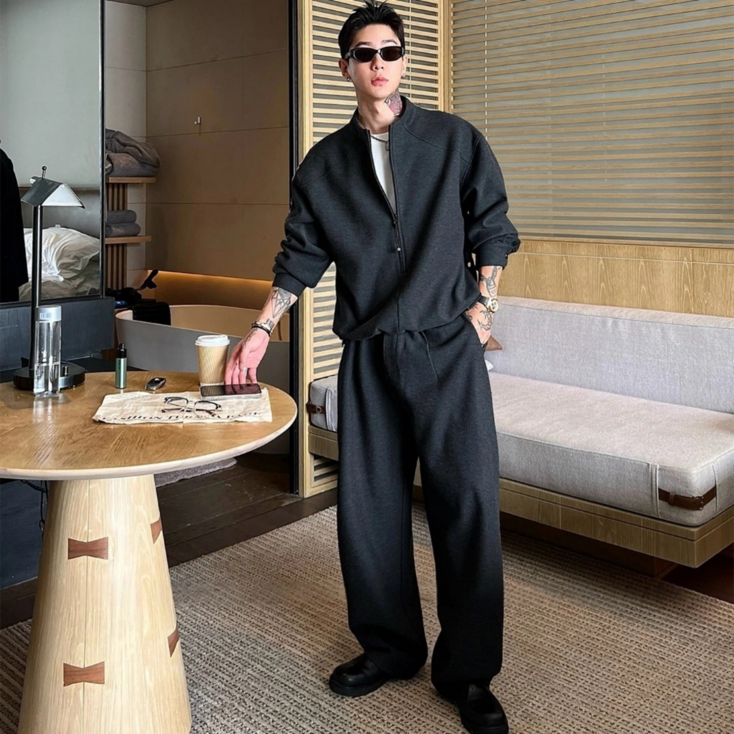 时尚套装慵懒风休闲套装长袖卫衣套装男春季直筒休闲裤男士两件套