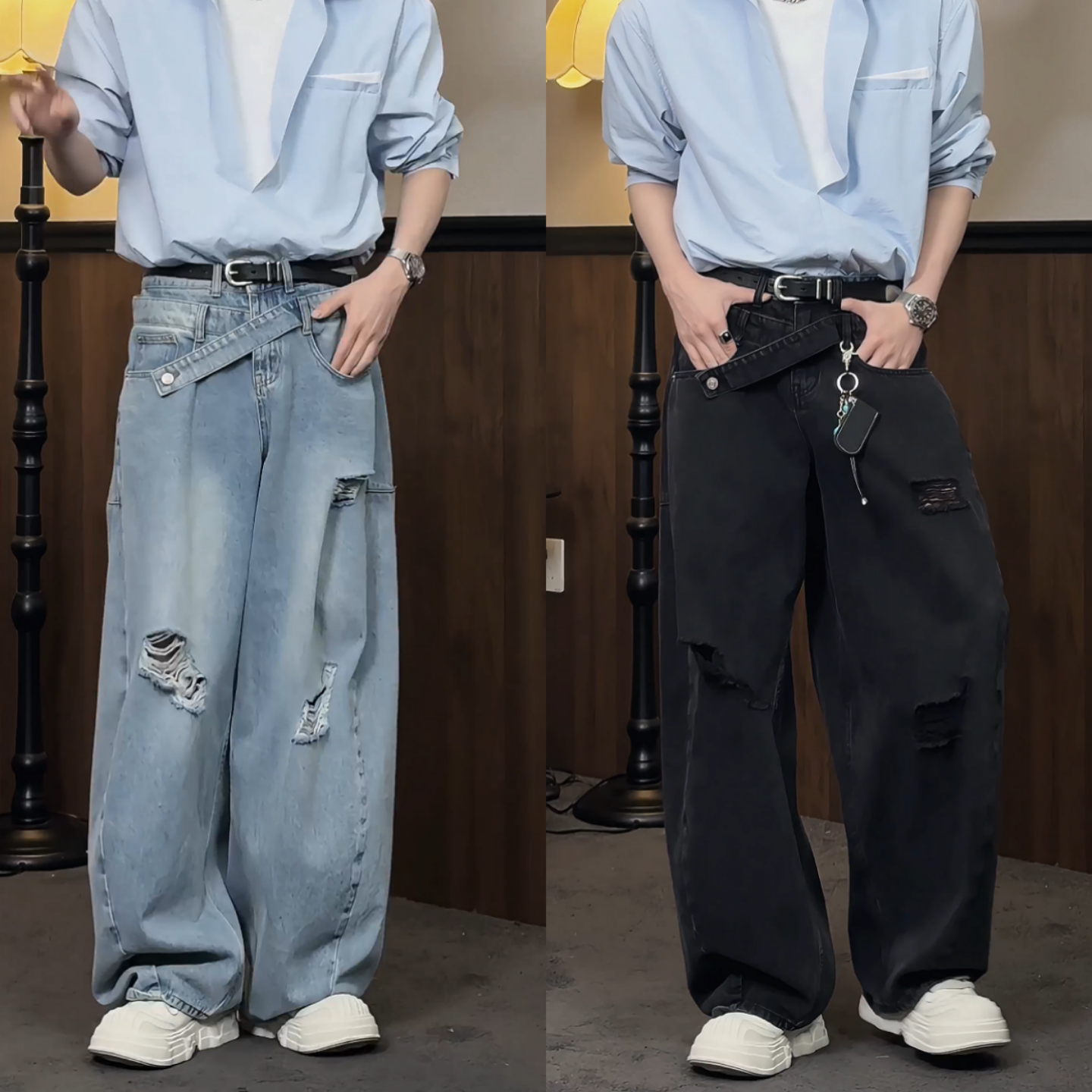 美式复古青春活力破洞做旧直筒牛仔裤男垂感中腰休闲阔腿长裤春季