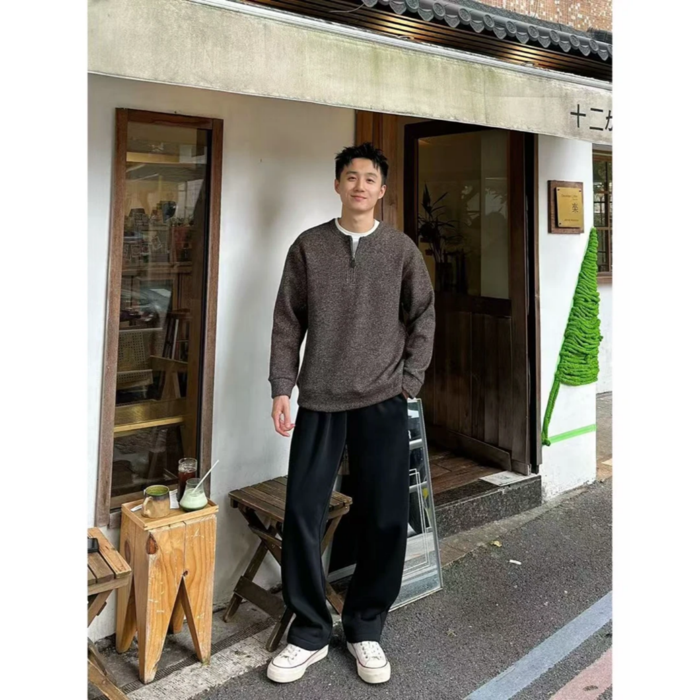 冬季小众设计感老钱风半拉链假两件加绒卫衣男高级感极简休闲上衣