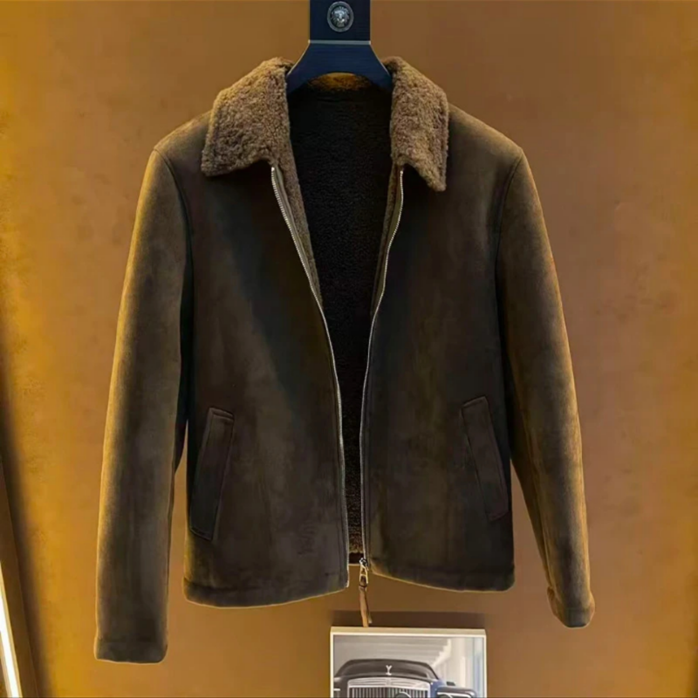 轻奢时尚冬季皮毛一体男款设计款老钱风夹克潮牌休闲翻领加厚外套