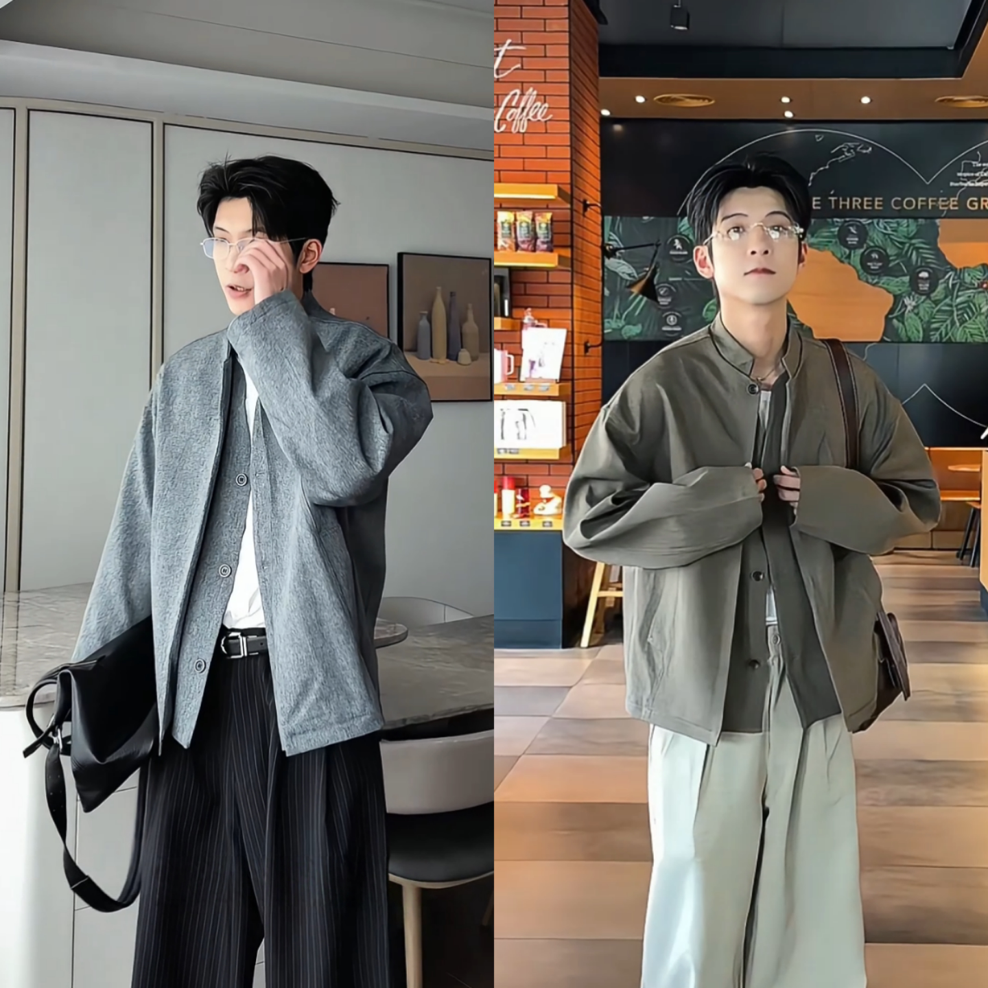 复古拼接假两件立领纽扣长袖夹克男士春装外套vintage风时尚外套