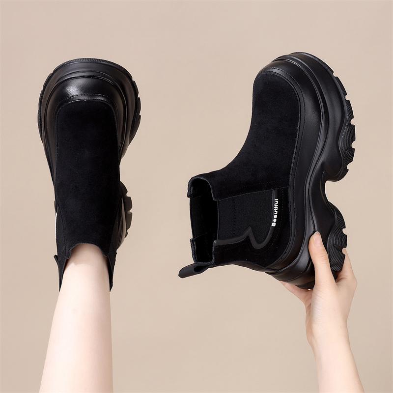 真皮厚底增高加绒烟管靴