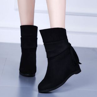 秋冬韩版 女短靴磨砂绒面半靴内增高中筒流苏靴平底加绒保暖女棉鞋