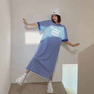 过膝印花减龄短袖 条纹T恤裙女夏季 韩国复古宽松显瘦超长款 连衣裙