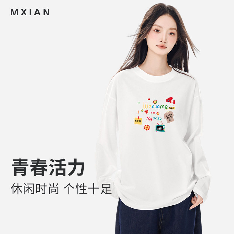 YTMCC230g重磅美式长袖t恤女小众设计感印花纯棉宽松可外穿时尚