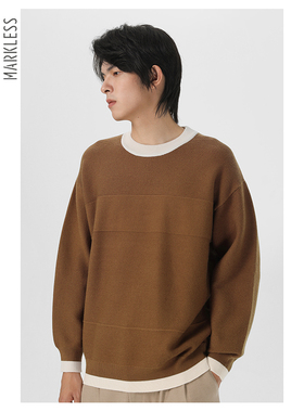 Markless新款男士毛衣秋冬季撞色圆领针织衫外套慵懒少年感毛衫