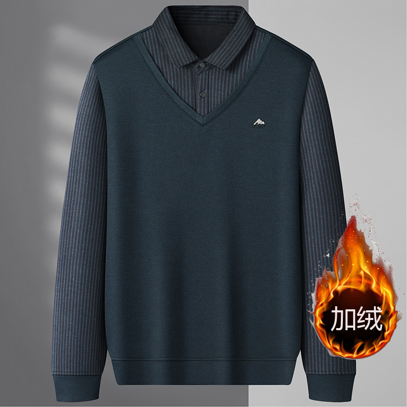 送爸爸年轻中老年秋冬款加绒加大毛衣男肥佬宽松保暖假两件打底衫