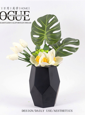 现代黑色几何花器仿真花假花摆设郁金香客厅电视柜茶几浴室摆件
