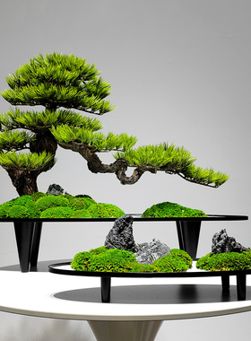 新中式金属底座仿真迎客松绿植禅意盆景会所茶室桌面客厅玄关饰品