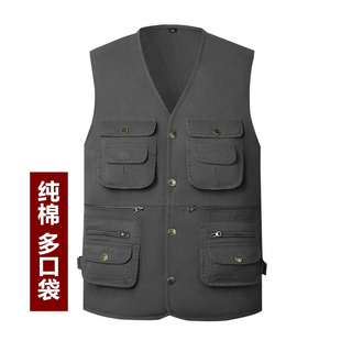 新款男式中老年马甲纯棉多口袋宽松版春夏秋背心爸爸钓鱼户外坎肩