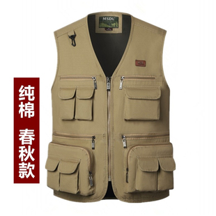 新款中老年男式马甲V领纯棉宽松多口袋春秋钓鱼背心爸爸户外坎肩