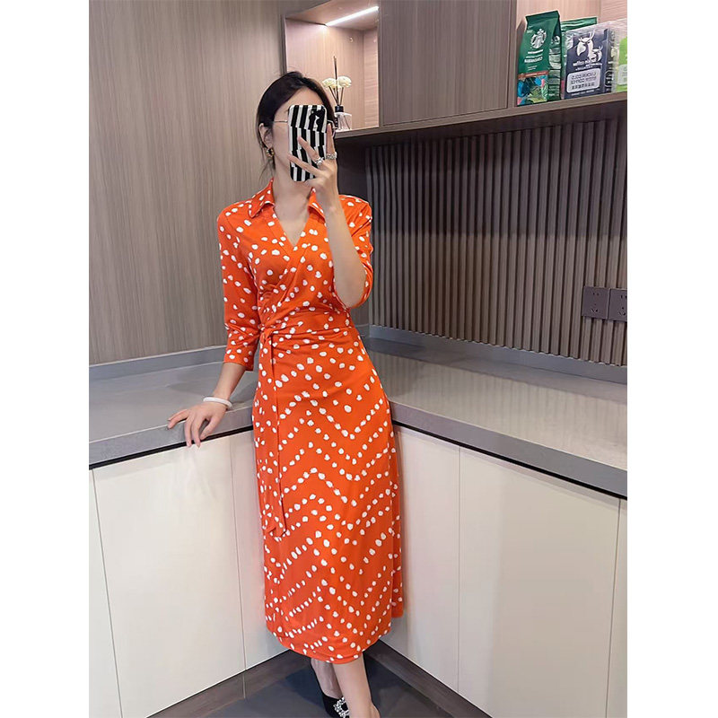 【女人丝界】原单尾货 针织桑蚕丝翻领七分袖MIDI裹身裙连衣裙女