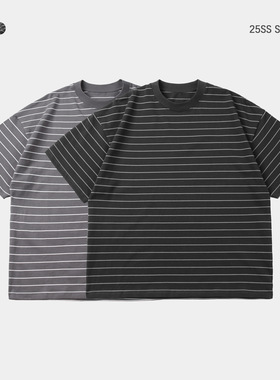 Maunsell 25SS定织310G双纱圆领条纹短袖宽松廓形落肩五分袖T恤男