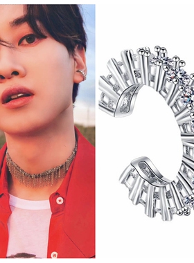 super junior李赫宰银赫同款纯银镶排钻耳扣男女穿搭耳环简约饰品
