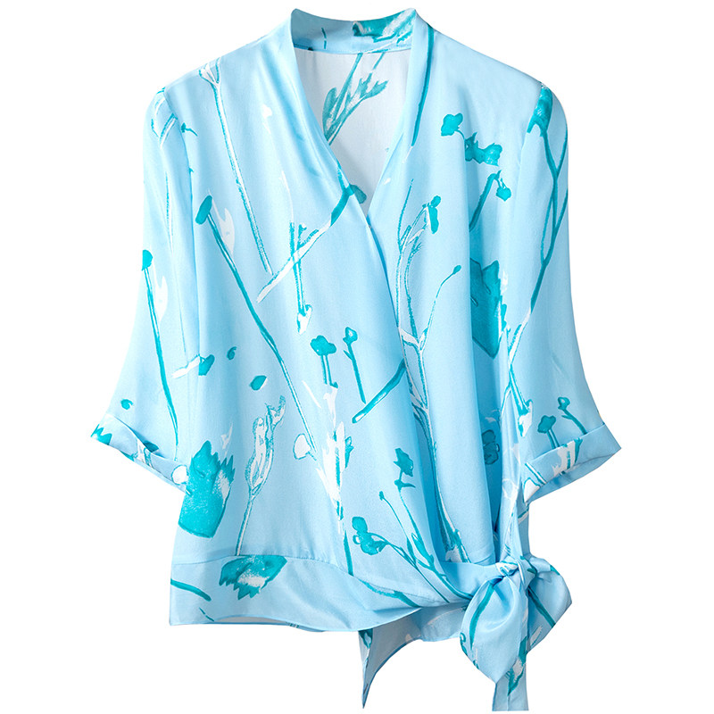 GENTLE FEMININE WRAP V-NECK SILK TOP FASHION PERSONALITY DESIGN SENSE SIDE TIE HALF SLEEVE COOL SHIRT SUMMER
