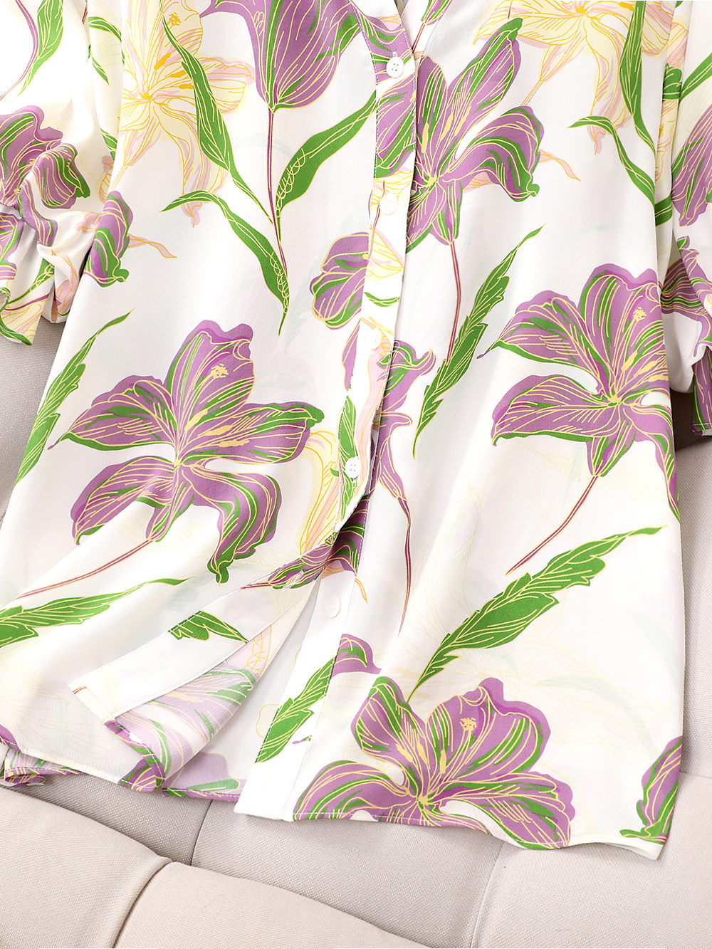 MEIXIAN YANKONG SUMMER CASUAL VERSATILE PURPLE PRINTED SILK SHIRT WOMENS 2023 NEW TEMPERAMENT MULBERRY SILK TOP