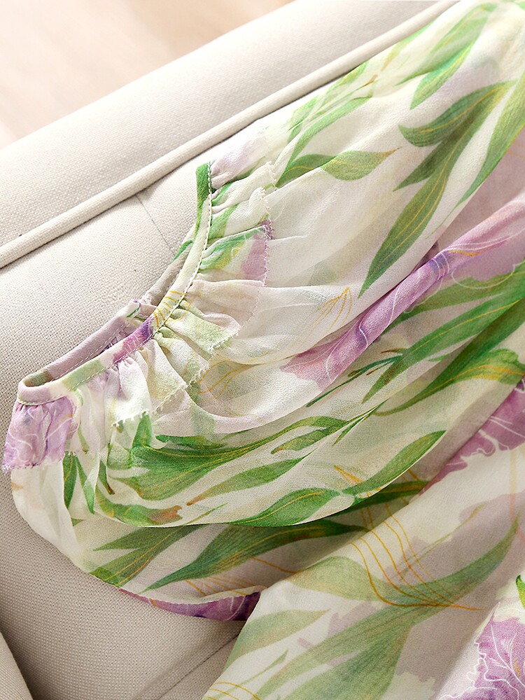 REFRESHING SUMMER PURPLE IRIS PRINT BEAUTIFUL FOREIGN MULBERRY SILK SHIRT WHITE SKIN COLOR SILK BLOUSE WOMEN