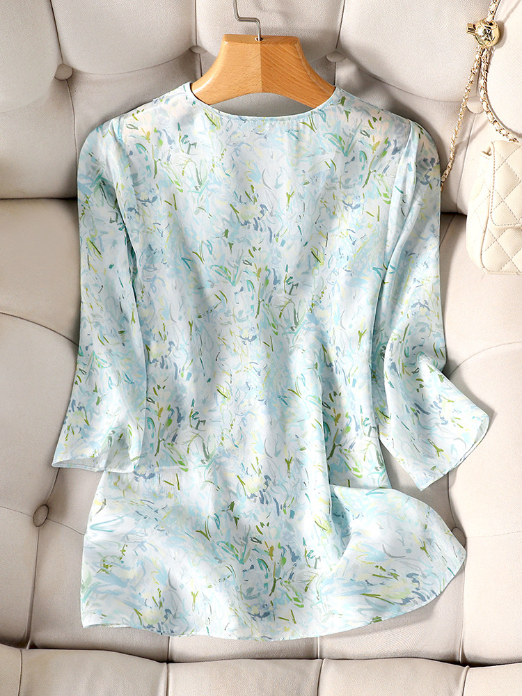 FRESH WRAP FRENCH TEMPERAMENT FOREIGN FEMININE V-NECK SILK TOP HALF-SLEEVED MULBERRY SILK COOL SHIRT SUMMER