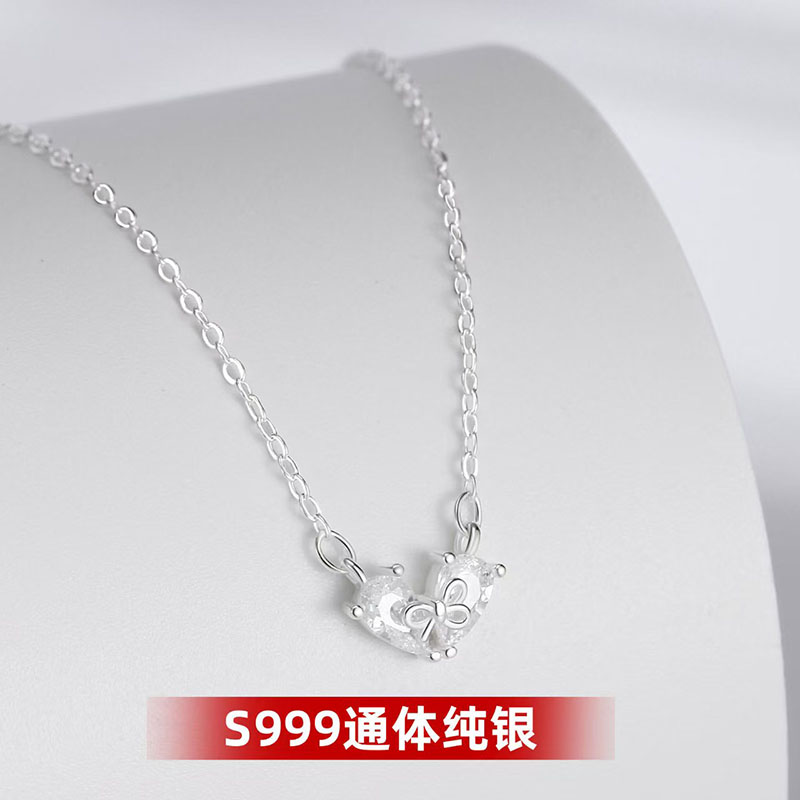 S999纯银蝴蝶结爱心项链女2025新款足银颈链吊坠女送女友生日礼物