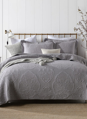 外贸欧式绣花灰色单件纯棉绗缝被全棉床盖三件套加大夹棉床单床罩